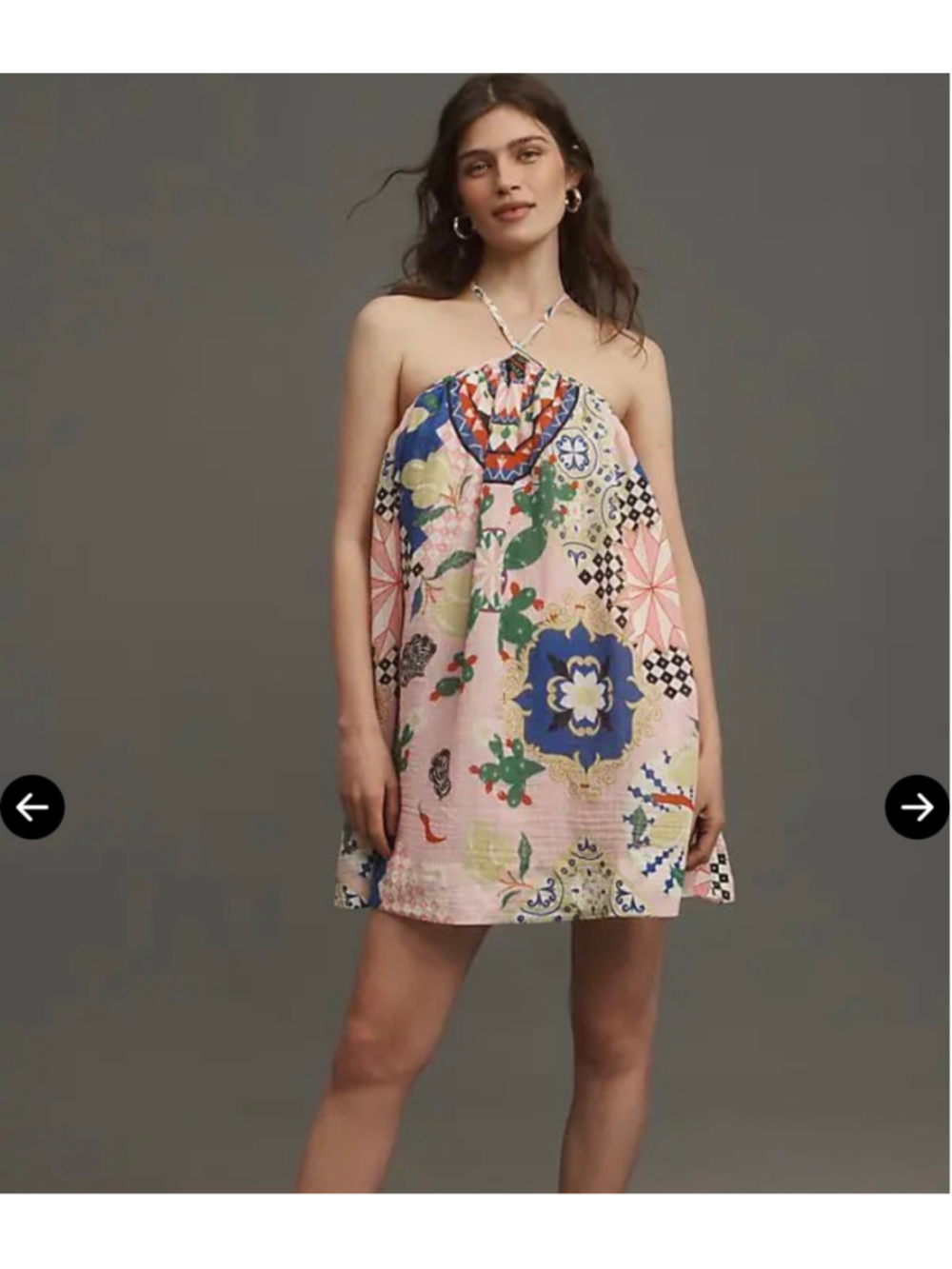 Maeve Anthropologie Halter Swing Mini Dress Size M Pink Blue Floral Checkered